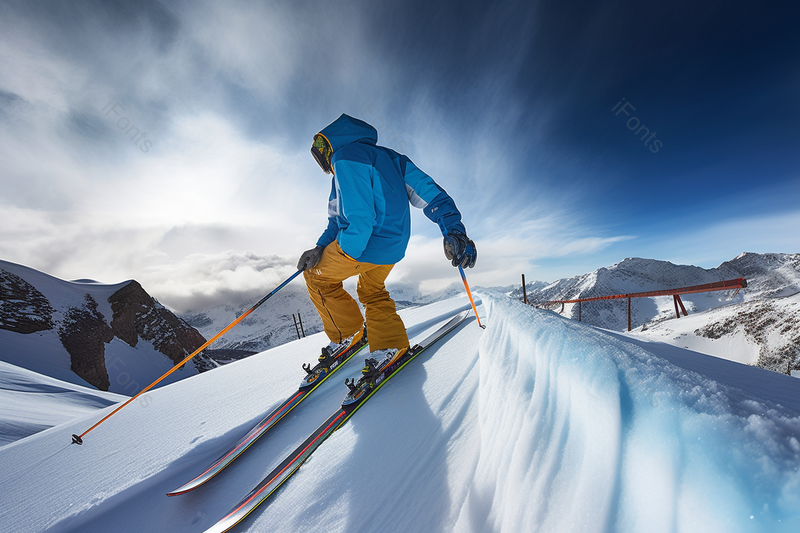 拍摄美食美味食物男滑雪者站在斜坡上准备出发,高清,摄影图,摄影图片,图片大全,摄影图免费下载